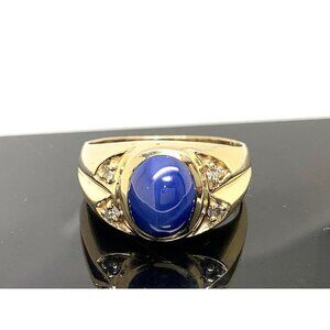 Blue Star Sapphire Diamond Cocktail Womens Ring 14k Yellow Gold Vintage Size 9.5
